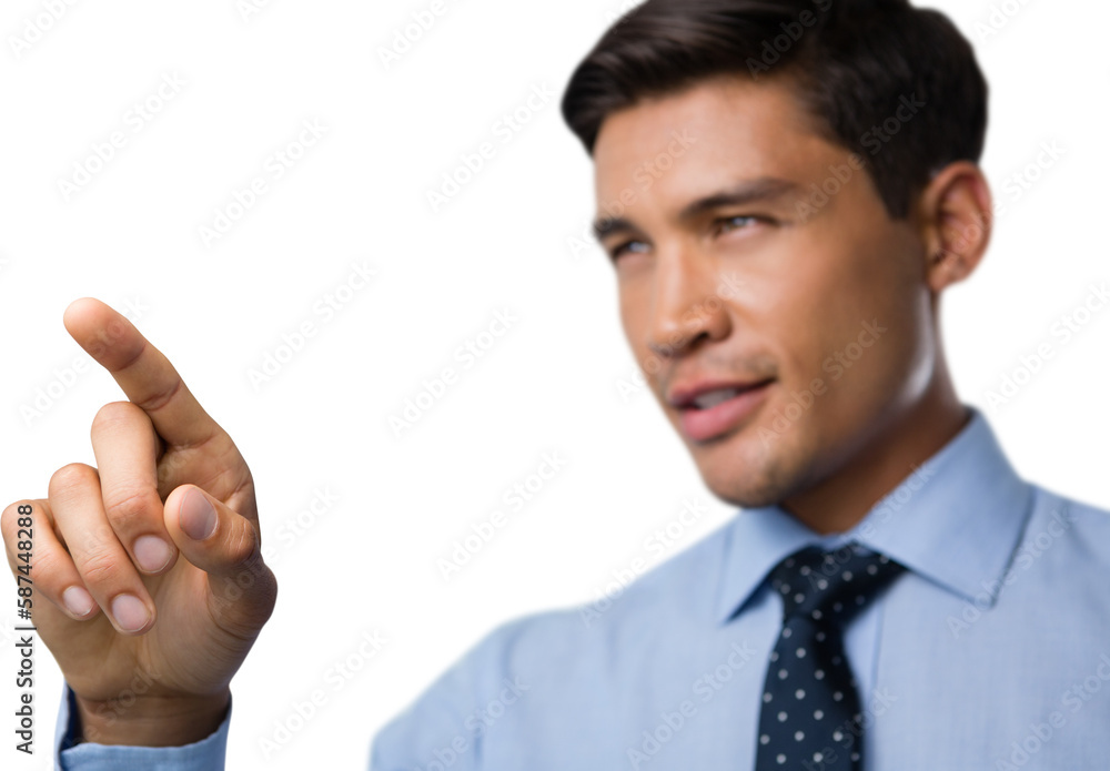 Confident young businessman using invisible interface Confident young businessman using invisible interface
