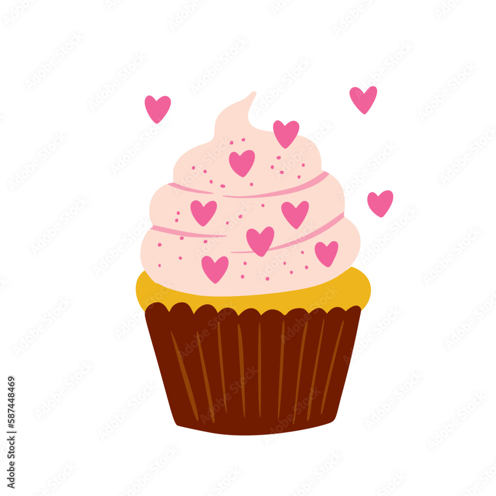 Birthday sweet cupcake with cream and hearts, vector party baby love kids simple flat dessert doodle illustration