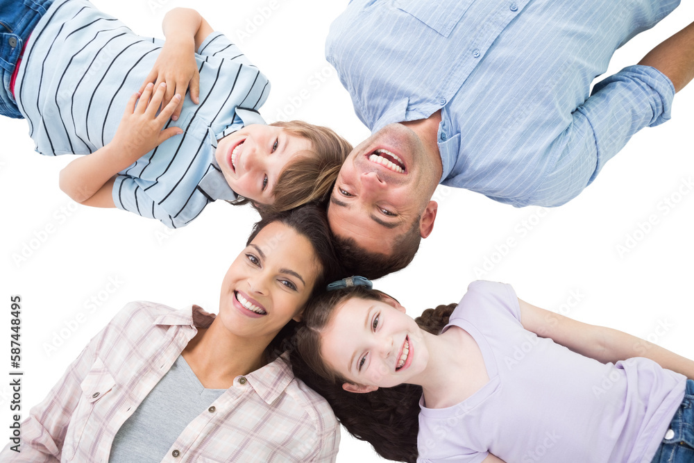 Happy parents and children lying on white background