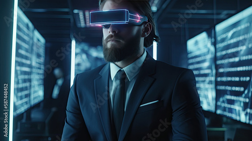 Businessman wearing virtual reality goggles. Generative AI