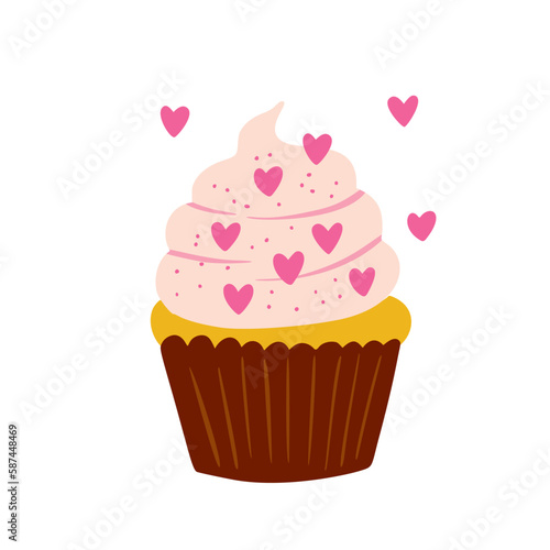 Birthday sweet cupcake with cream and hearts  vector party baby love kids simple flat dessert doodle illustration
