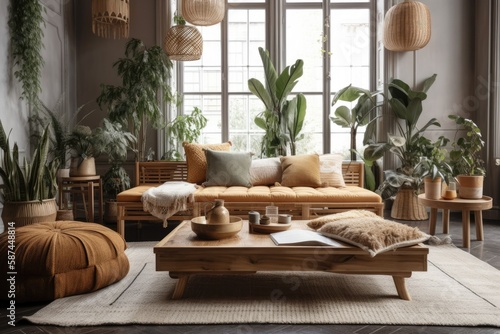 Beautiful living room with wooden couch and houseplants. Generative AI © AkuAku