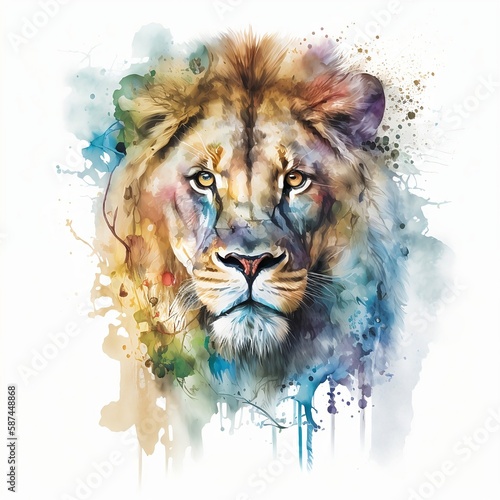 lion illustration with light watercolor on white background, minimalist animal painting, light watercolor artwork, unique wall décor, ai art. generative ai