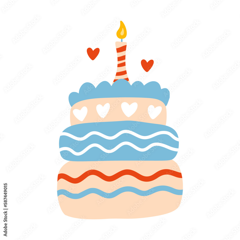Birthday cake with a candle, vector party baby kids simple flat dessert doodle illustration Birthday cake with a candle, vector party baby kids simple flat dessert doodle illustration