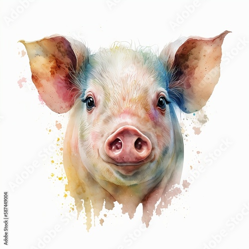 pig illustration with light watercolor on white background, minimalist animal painting, light watercolor artwork, unique wall décor, ai art. generative ai