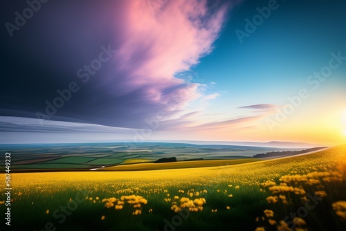 Landscape yellow flowers over the field