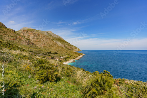 View of the beautiful blue sea falling between the mountain shores.