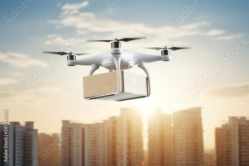 delivery drone with big white box flying, blurred city background