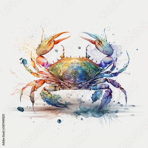 crab illustration with light watercolor on white background, minimalist animal painting, light watercolor artwork, unique wall décor, ai art. generative ai