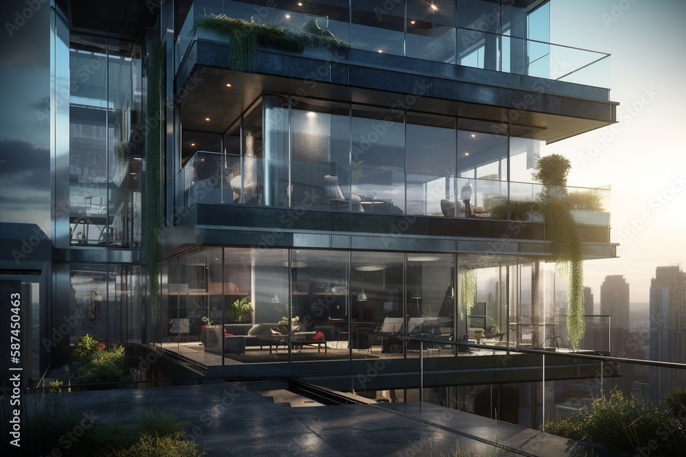Photorealistic ultra-modern urban apartment with glass and steel ...