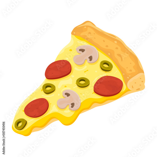 Pizza Salami with mushrooms.  Vector healthy pepperoni Pizza slice. Fast food illustration on white background.