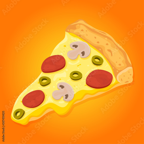 Pizza Salami with mushrooms.  Vector healthy pepperoni Pizza slice. Fast food illustration on orange background.