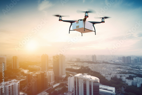 delivery drone with big white box flying, blurred city background