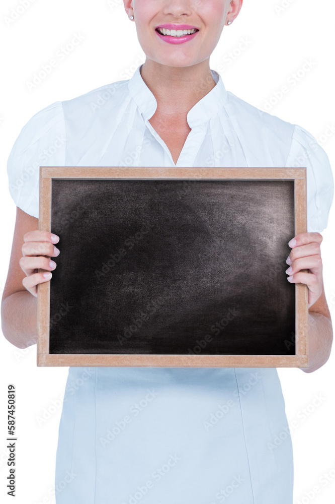 Mid section of woman holding blackboard Mid section of woman holding blackboard