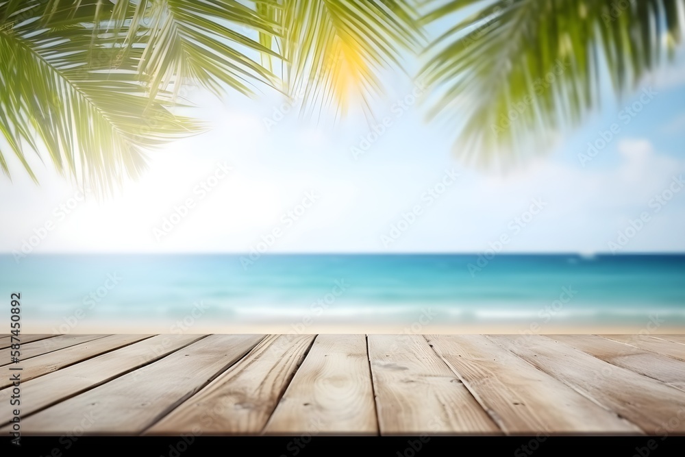 Top of wood table with seascape and palm leaves. blurred blue sky and sea with bokeh light and old wooden table background. Generative Ai Top of wood table with seascape and palm leaves. blurred blue sky and sea with bokeh light and old wooden table background. Generative Ai