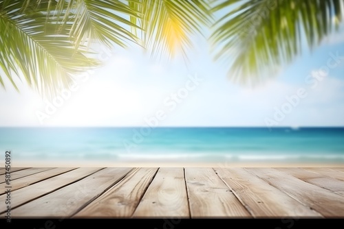 Top of wood table with seascape and palm leaves. blurred blue sky and sea with bokeh light and old wooden table background. Generative Ai