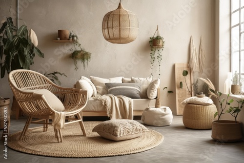 Scandinavian style beige room with wicker furnishings. Generative AI