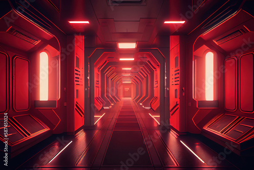 Red spaceship sci-fi corridor. Generative Ai