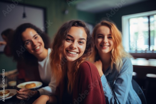 Three young female students in casual clothes, sitting at a cozy cafe table, smiling and having fun . Created with generative A.I. technology.