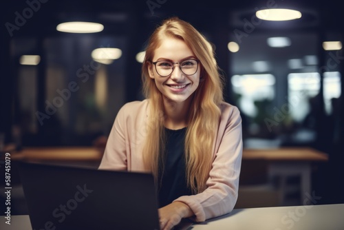 Photography of a young and happy businesswoman with glasses, sitting at a desk and working on a laptop in a corporate office. Created with generative A.I. technology.