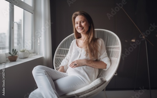 Pregnant woman in white clothes sitting on a lounge chair in a modern loft apartment  gently holding her belly and smiling with happiness. Created with generative A.I. technology.