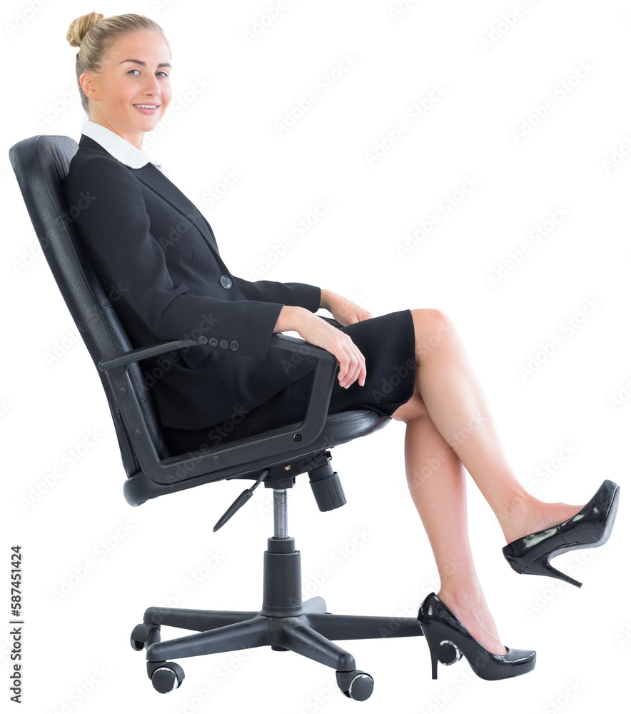 Businesswoman sitting on swivel chair in black suit Businesswoman sitting on swivel chair in black suit