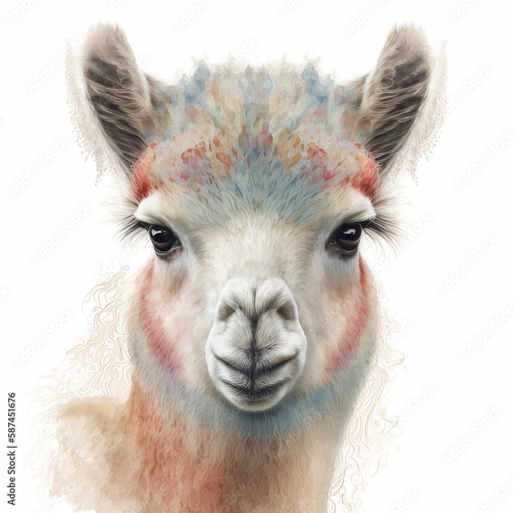 lama illustration with light watercolor on white background, minimalist animal painting, light watercolor artwork, unique wall décor, ai art. generative ai