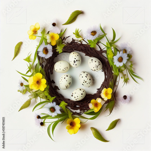 Easter composition of colorful quail eggs and spring flowers over white background. Springtime holidays concept with copy space. Top view. AI