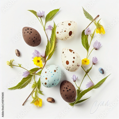 Easter composition of colorful quail eggs and spring flowers over white background. Springtime holidays concept with copy space. Top view. AI