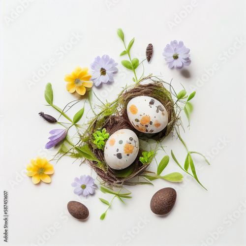 Easter composition of colorful quail eggs and spring flowers over white background. Springtime holidays concept with copy space. Top view. AI