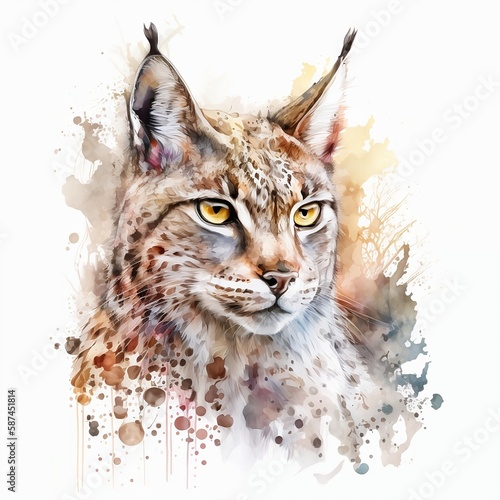 lynx illustration with light watercolor on white background, minimalist animal painting, light watercolor artwork, unique wall décor, ai art. generative ai