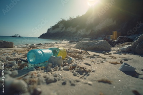 A powerful photo of a polluted beach, showcasing the devastating impact of plastic pollution on our natural world.