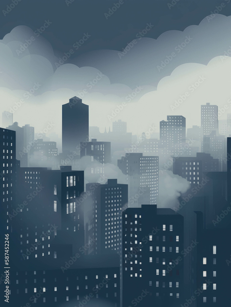 The skyline of a bustling cityscape shrouded in a perpetual fog that never quite dissipates. Gothic art. AI generation.