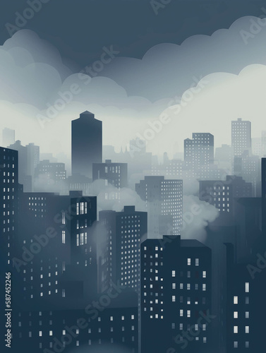 The skyline of a bustling cityscape shrouded in a perpetual fog that never quite dissipates. Gothic art. AI generation.