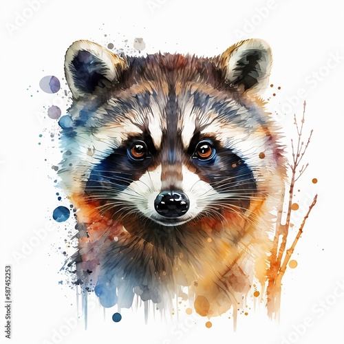 raccoon illustration with light watercolor on white background, minimalist animal painting, light watercolor artwork, unique wall décor, ai art. generative ai