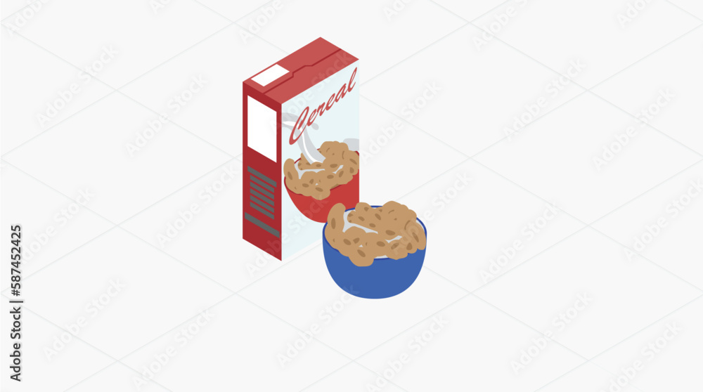 Vetor de Isometric Art Bowl of Cereal and Box of Cereal that are