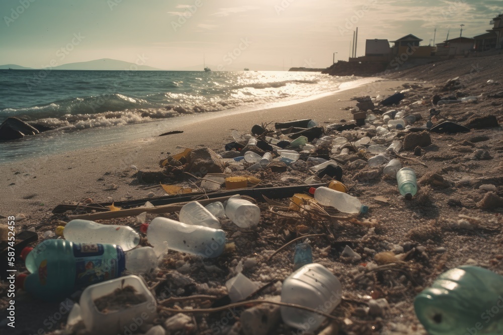 A striking photo of a polluted beach, with the emphasis on the overwhelming amount of plastic waste that is polluting our oceans. 