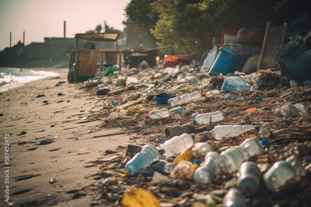 A striking photo of a polluted beach, with the emphasis on the overwhelming amount of plastic waste that is polluting our oceans. A striking photo of a polluted beach, with the emphasis on the overwhelming amount of plastic waste that is polluting our oceans.