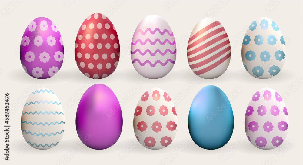 3d Easter egg set cute realistic holiday render vector festive element collection
