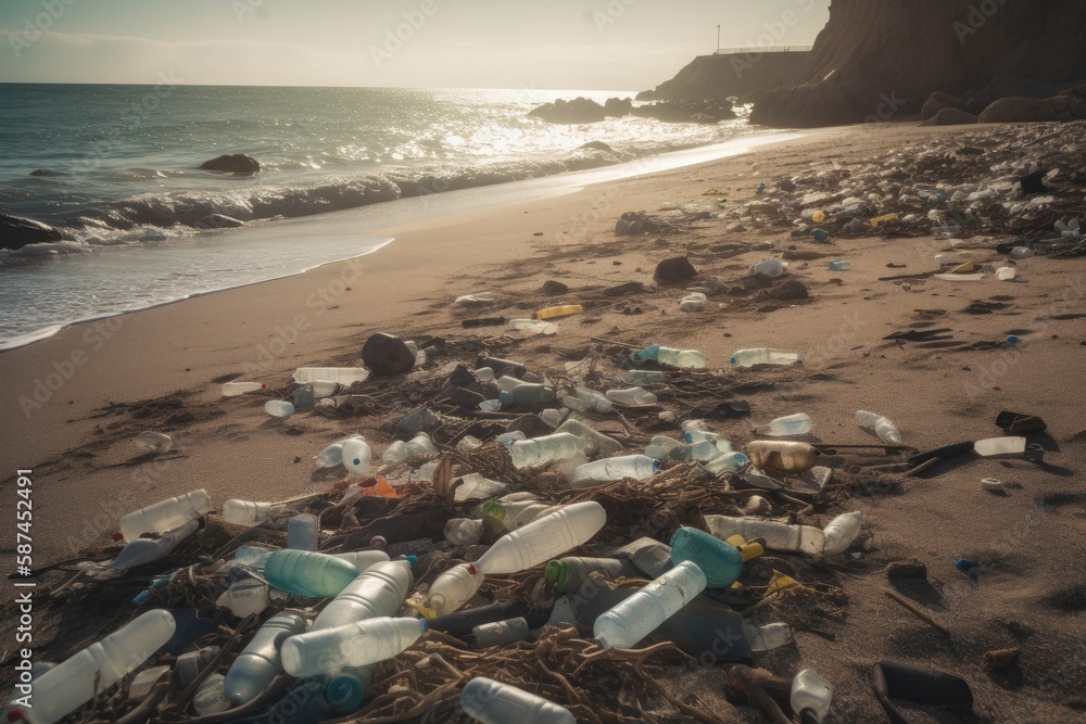 A striking photo of a polluted beach, with the emphasis on the overwhelming amount of plastic waste that is polluting our oceans. 