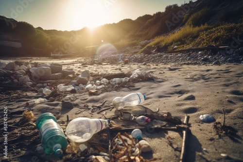 A striking photo of a polluted beach, with the emphasis on the overwhelming amount of plastic waste that is polluting our oceans. 