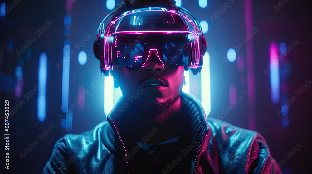 Modern futuristic man wearing virtual reality goggles. Generative AI