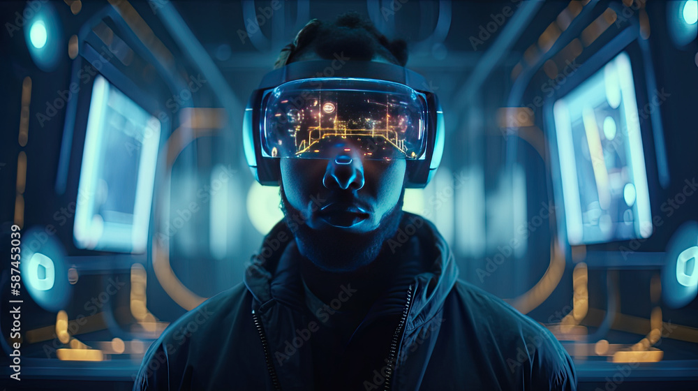 Modern futuristic man wearing virtual reality goggles. Generative AI Modern futuristic man wearing virtual reality goggles. Generative AI