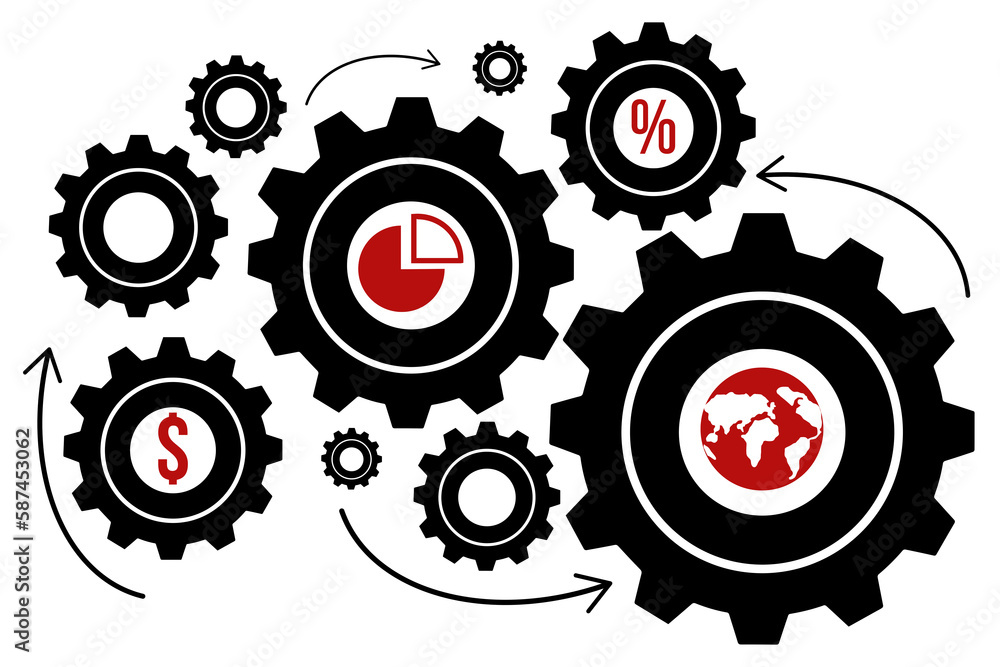Black gear with red symbols against white background Black gear with red symbols against white background