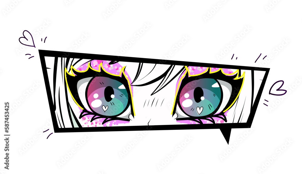 Obraz premium Anime eyes print. Manga style girl face. Pretty female portrait drawing in anime style. Girl kawaii illustration. Teenager t shirt design