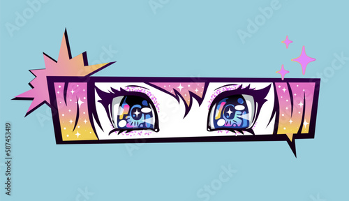 Anime eyes print. Anime's girl portrait. Kawaii girlish face. Pretty female portraits drawing in manga style. Cute woman portrait. Teenager makeup. Looking eyes