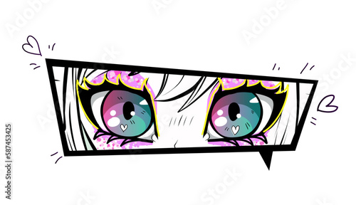 Anime eyes print. Manga style girl face. Pretty female portrait drawing in anime style. Girl kawaii illustration. Teenager t shirt design