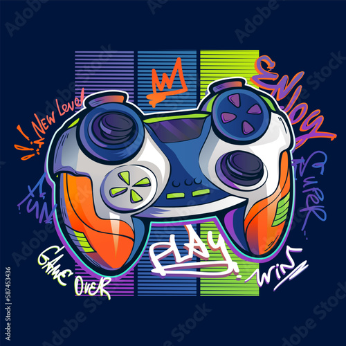 Vector Gamepad on digital background and street art style lettering. Gaming poster. Game pad print with graffiti words Play, win, gamer over, new level, enjoy, fun.