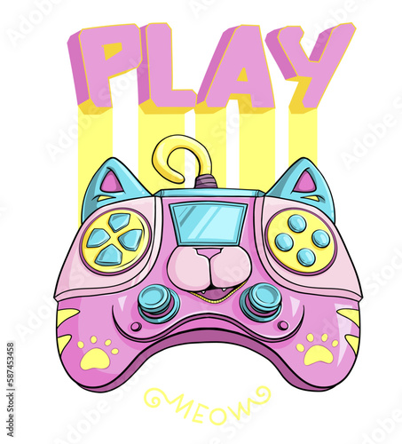 Gamer poster with cats gamepad cartoon character. Kids gaming illustration on background with 3d text PLAY. Gamers print. Neon gaming art. Gamepad art. Cat cartoon robot characters