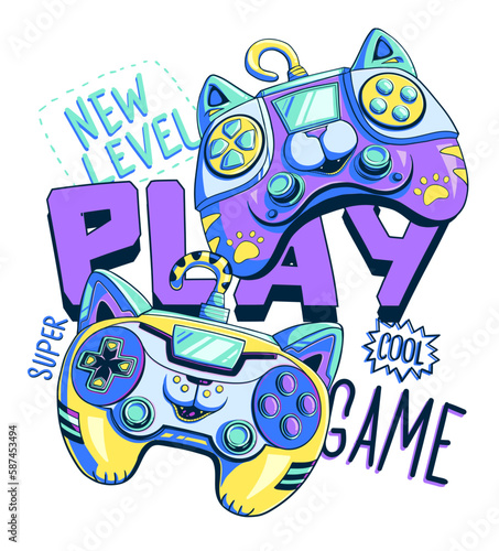 Gamepad poster. Cartoon cat gamepads characters on colorful spots background, text Play, cool, game, super, new level. Colorful gaming print. Kids gaming illustration.